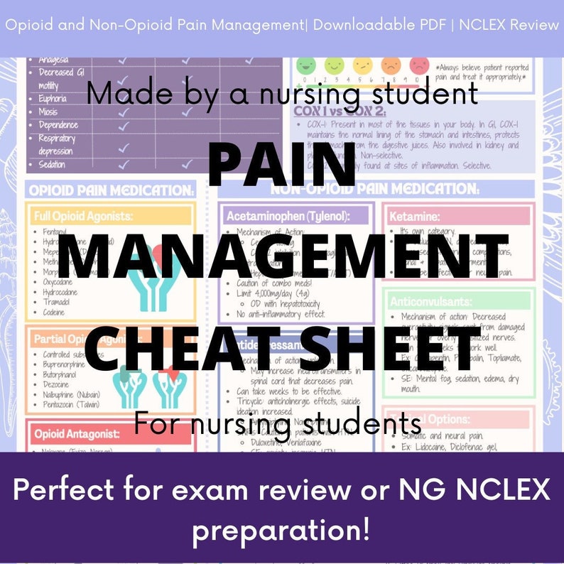 May include: A colorful pain management cheat sheet for nursing students. The downloadable PDF includes information on opioid and non-opioid pain medication, with sections on full opioid agonists, acetaminophen, and anticonvulsants. Perfect for exam review.