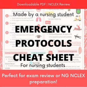 May include: A red, white, and blue cheat sheet for nursing students. The cheat sheet includes information on emergency protocols, common emergency medications, and wound care in emergencies. The text "Made by a nursing student" is written in large, bold letters at the top of the sheet.