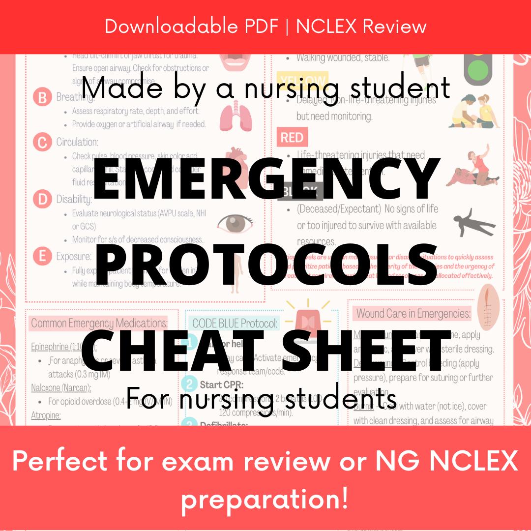 Emergency Protocols Cheat Sheet PDF! Made For Nursing Students BY a Nursing Student!