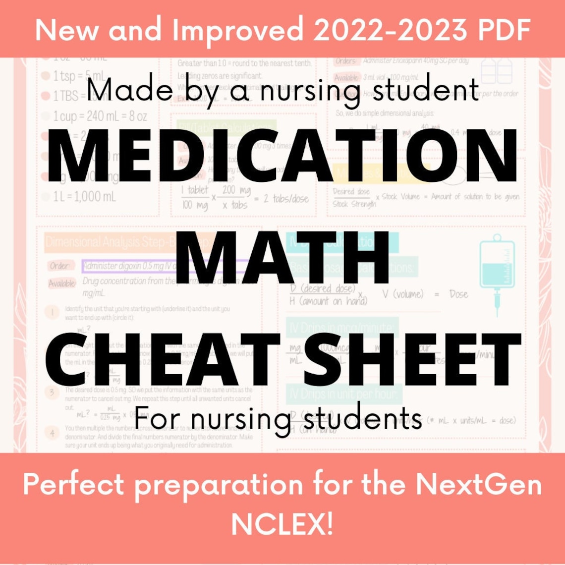 Medication Math Cheat Sheet for Nursing Students Etsy