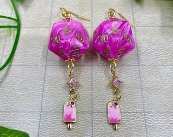 D&D Pink Swirl d20-oorbellen met roze ijslolly-ijsbedels