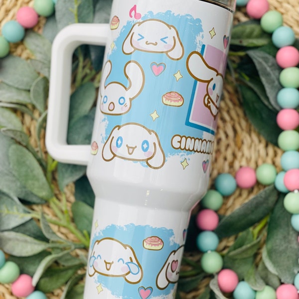 Kawaii White Puppy with Cinnamon Rolls ~ 40 Ounce Stanley Dupe Tumbler with White Handle, Lid and Straw