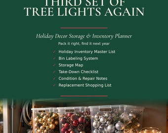 May include: A digital holiday decor storage and inventory planner with the text NEVER BUY A THIRD SET OF TREE LIGHTS AGAIN. The document lists features like a master list, bin labeling, and storage map, shown above clear storage bins.