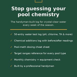 May include: A dark green informational document titled Stop guessing your pool chemistry. It features a 50-entry water test log, chemical additions log, pool-math dosing cheat sheet, target ranges, and equipment checks across 12 pages in US Letter size.