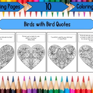 Bird Inspirational Quotes with Birds in Hearts to Color - Adult Coloring Pages, Digital download, Printable