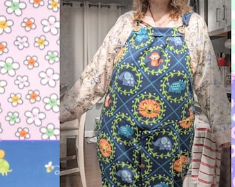 May include: A collage of fabric swatches with different patterns. The top left swatch features a blue background with colorful butterflies. The top right swatch features a pink background with white daisies. The bottom left swatch features a red and black plaid pattern. The bottom right swatch features a blue background with a repeating pattern of turtles and bees. The center image shows a person wearing blue overalls with a pattern of animals and vines.