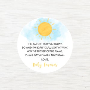 Little Sunshine Here Comes the Son Baby Shower Candela Bomboniera Adesivi Etichetta rotonda Modello digitale di ringraziamento