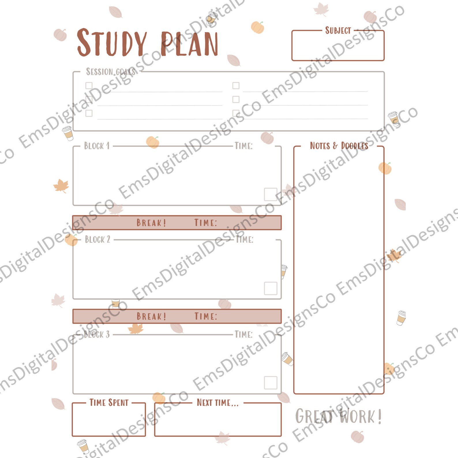 FALL Printable Digital 3 Block Study Planner for Students, College ...