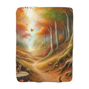 May include: A whimsical illustration of a forest path in autumn. The path is lined with trees with orange, yellow, and green leaves. Butterflies flutter in the air, and a small rabbit sits on the path. The scene is painted in a soft, dreamy style.