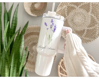 Personalized Lavender Flower Tumbler, Insulated Travel Mug with Handle, 40oz