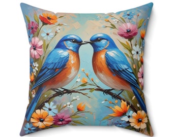 Almohada cuadrada de poliéster hilado con pájaros azules y ramas florales