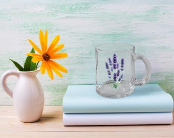 Lavender Floral Clear Glass Coffee Mug, Tea Cup