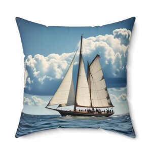 Vintage Sailboat Pillow, Retro Nautical Decor, Spun Polyester, Two Sizes, AI Generated