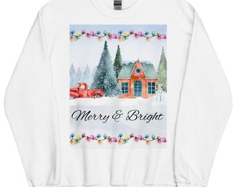 Sudadera con escena navideña en casa, camión rojo alegre y brillante