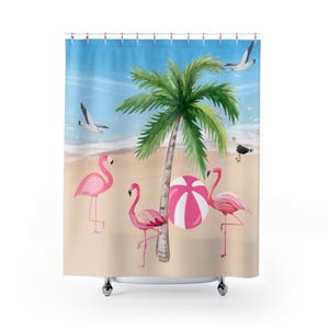 Tropical Beach Shower Curtain, Relaxing Bathroom Decor, Flamingo Theme Curtain, Summer Vibe Decor, Nautical Bathroom Accessory