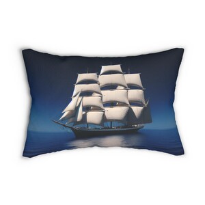 May include: A pillow featuring a digital illustration of a large sailing ship with white sails against a dark blue ocean and night sky.