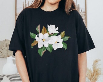 Camisa con flores de magnolia, camiseta de algodón hilado en anillo y teñido en prenda
