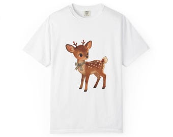 Vintage Baby Deer T-shirt | Retro Christmas Deer with Plaid Bow Fawn Top AI Generated
