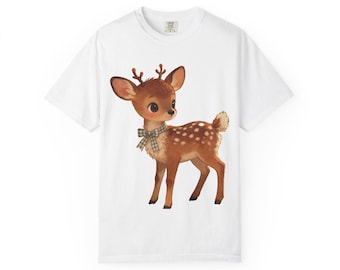 Vintage Baby Deer Illustration T-shirt | Retro Deer with Plaid Bow Christmas Fawn AI Generated