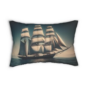 May include: A vintage sailing ship with white sails set against a blue and white sky. The ship is sailing on a calm sea with a soft, golden light in the background.