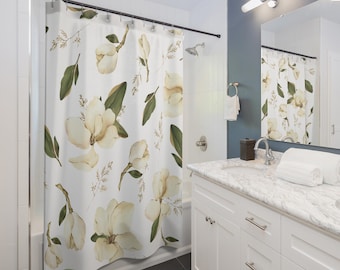 Cortina de ducha con diseño floral de magnolia, decoración bohemia blanca para baño (180 x 182 cm)