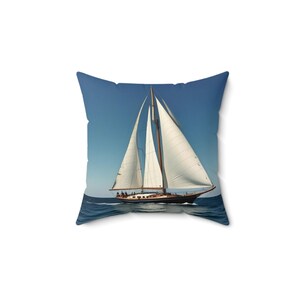 May include: A white sailboat with full sails glides across a blue ocean under a clear sky. The sailboat has a wooden hull and a white mast.