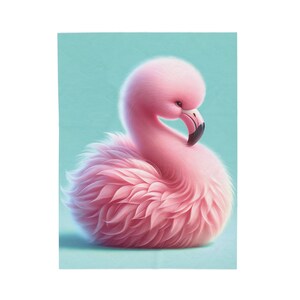 May include: A pink flamingo with fluffy feathers, sitting on a light blue background. The flamingo's head is turned to the side, and its beak is closed.
