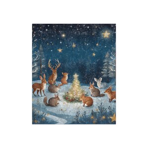 May include: A whimsical illustration of woodland animals gathered around a glowing Christmas tree in a snowy forest. The scene is set against a dark blue night sky with twinkling stars.
