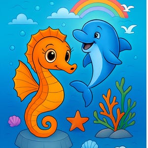 May include: A vibrant illustration of an underwater scene featuring a smiling blue dolphin and an orange seahorse. A rainbow arches across the top, with clouds and birds in the sky. Seashells, a starfish, and coral are scattered on the ocean floor.