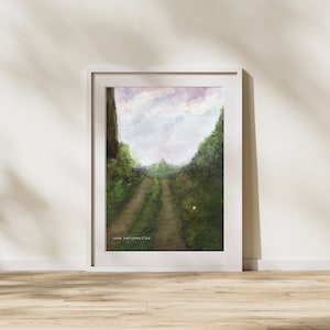 May include: A painting of a dirt road leading through a forest with a cloudy sky in the background. The text "new perspective" is at the bottom of the painting.