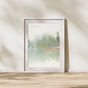 May include: A framed watercolor painting of a forest scene with the text "northern altitude" in the top left corner. The painting is in shades of green and brown, with a hint of red in the foreground.