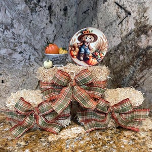 May include: A decorative fall-themed arrangement featuring a straw base adorned with plaid ribbon bows. A small metal bucket holds miniature pumpkins. A round plate depicts a scarecrow with pumpkins and wheat.