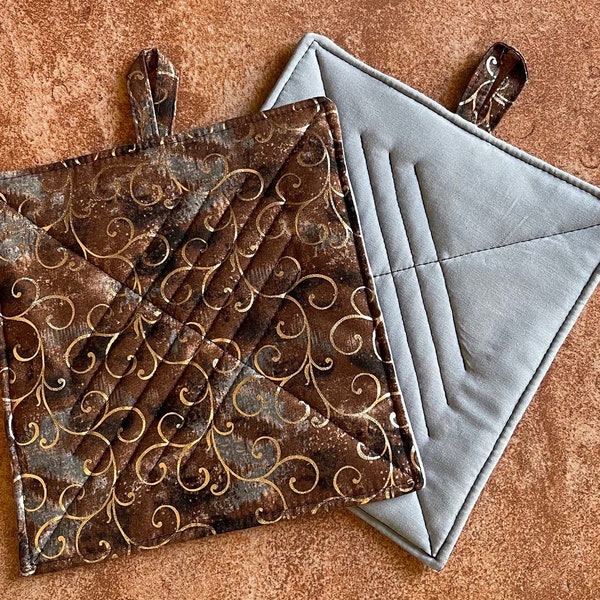 Pot Holders (Small or Large) ~ Bronze Swirls on Browns N Grays (Gray)