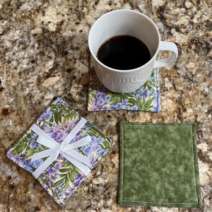 Fabric Coasters ~ Purple/Blue Flowers on Pastel Yellow (Gift Set of 2)