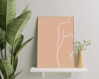 May include: A minimalist line drawing of a female figure in white on a peach background. The drawing is framed and displayed on a white shelf with a green plant and a wooden vase.