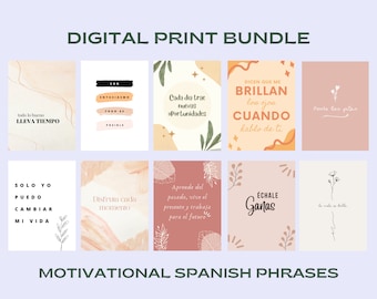 May include: A set of eight printable motivational quotes in Spanish. The quotes are written in a modern, minimalist style with illustrations of leaves and flowers. The quotes include: "Todo lo bueno lleva tiempo", "Con entusiasmo todo es posible", "Cada día trae nuevas oportunidades", "Dicen que me brillan los ojos cuando hablo de ti", "Ponte las pilas", "Solo yo puedo cambiar mi vida", "Disfruta cada momento", "Aprende del pasado, vive el presente y trabaja para el futuro", "Échale ganas", and "La vida es bella".