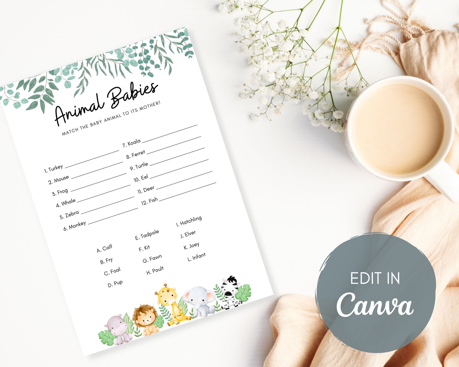 Editable Animal Babies Baby Shower Game, Answer Sheet Included, Baby ...