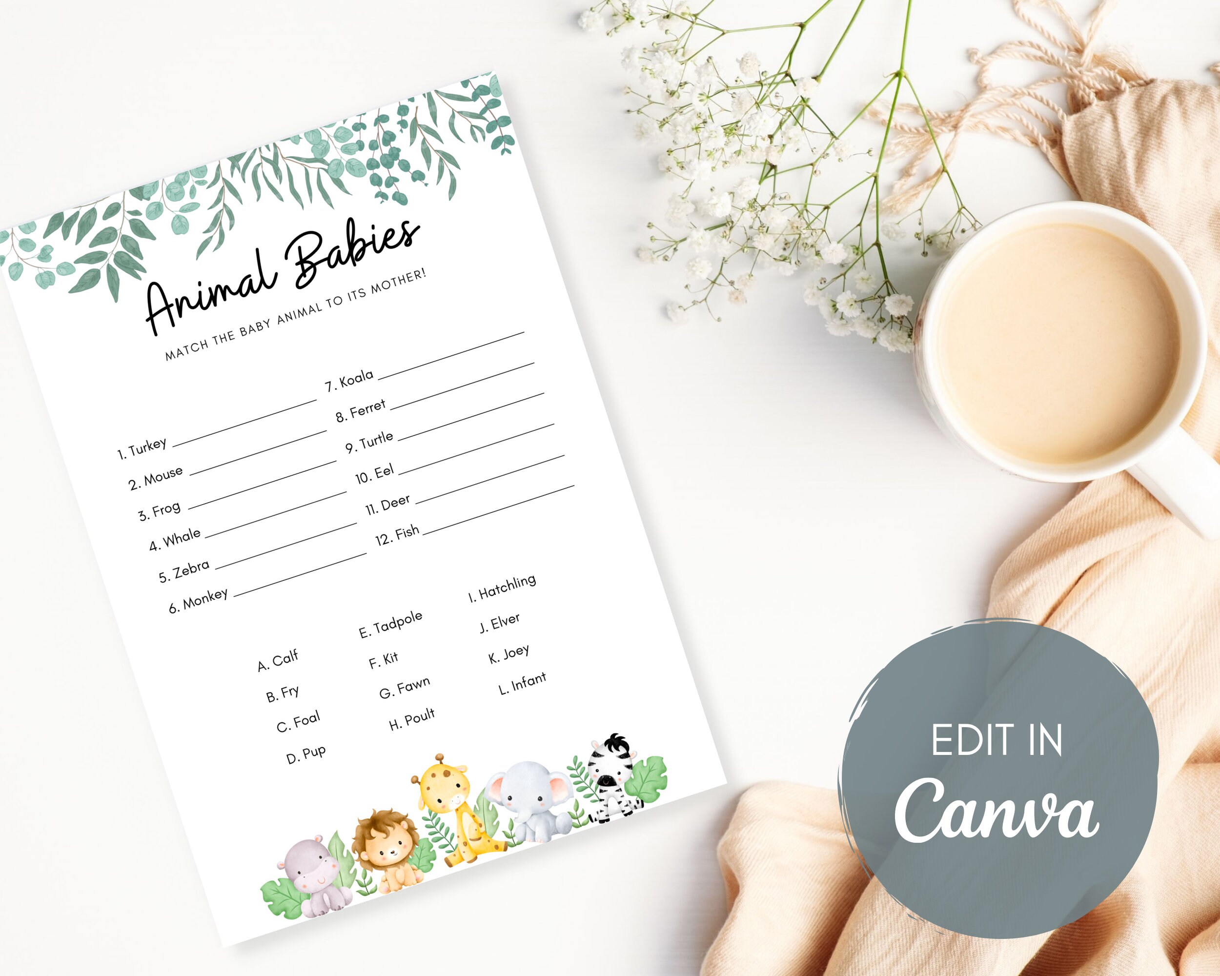 Editable Animal Babies Baby Shower Game, Answer Sheet Included, Baby ...