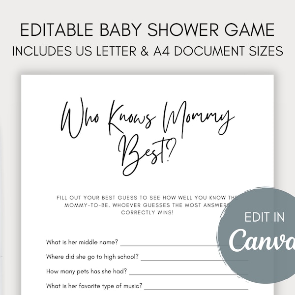 Who Knows Mommy Best, Editable Printable Baby Shower Game, Edit in Canva, Get to Know You, PDF, PNG, A4, Letter, gender neutral, minimalist