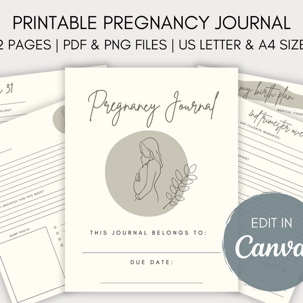 Printable Neutral Pregnancy Journal, Edit in Canva, Bump to Baby Tracker, 62 PDF pages, baby shower gift, hospital bag checklist, minimalist