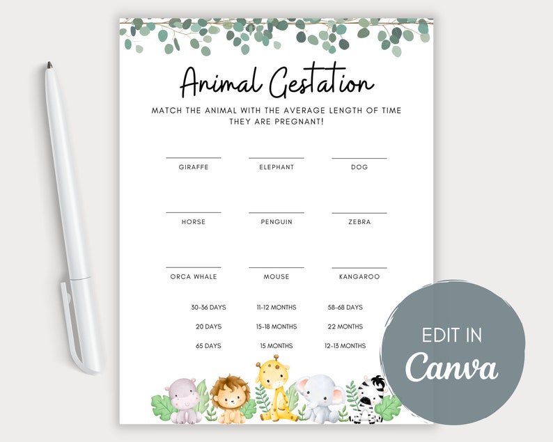 Editable Animal Gestation Baby Shower Game, Answer Sheet Included, Baby