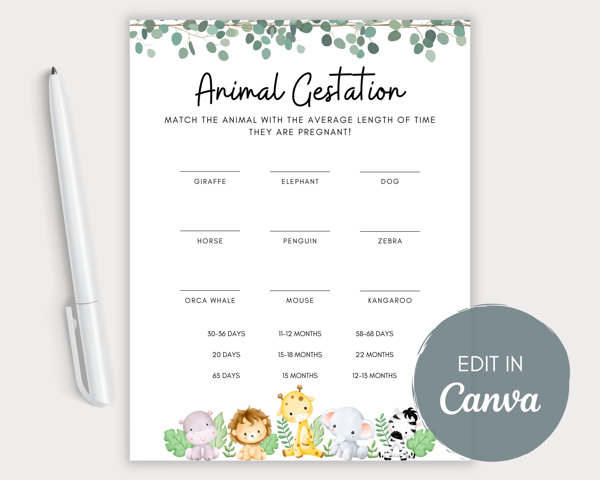 Editable Animal Gestation Baby Shower Game, Answer Sheet Included, Baby