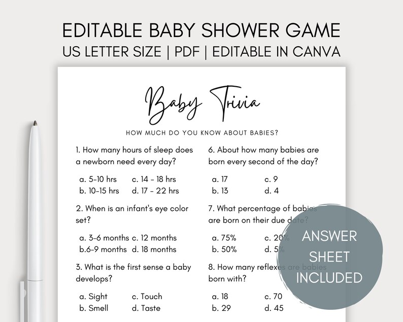 Printable Baby Trivia Baby Shower Game Editable Baby Trivia Etsy