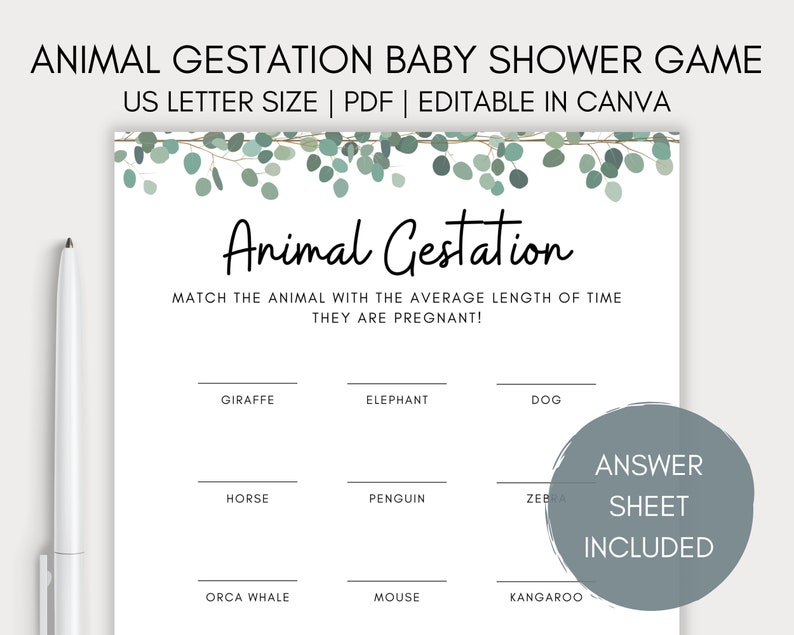 Editable Animal Gestation Baby Shower Game, Answer Sheet Included, Baby