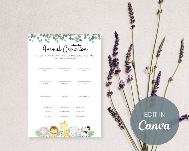 Editable Animal Gestation Baby Shower Game, Answer Sheet Included, Baby