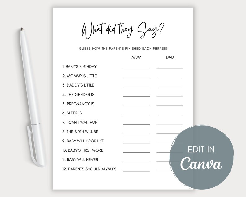 Editable Baby Shower Game, What Did the Parents Say, Mom, Dad, Get to ...