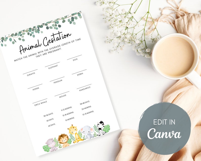 Editable Animal Gestation Baby Shower Game, Answer Sheet Included, Baby