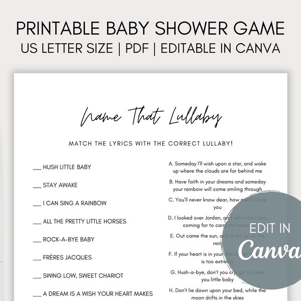 Name That Lullaby Baby Shower Game, Printable and Editable in Canva, PDF, Baby Shower Printable, Name that Tune, Name that Baby Song