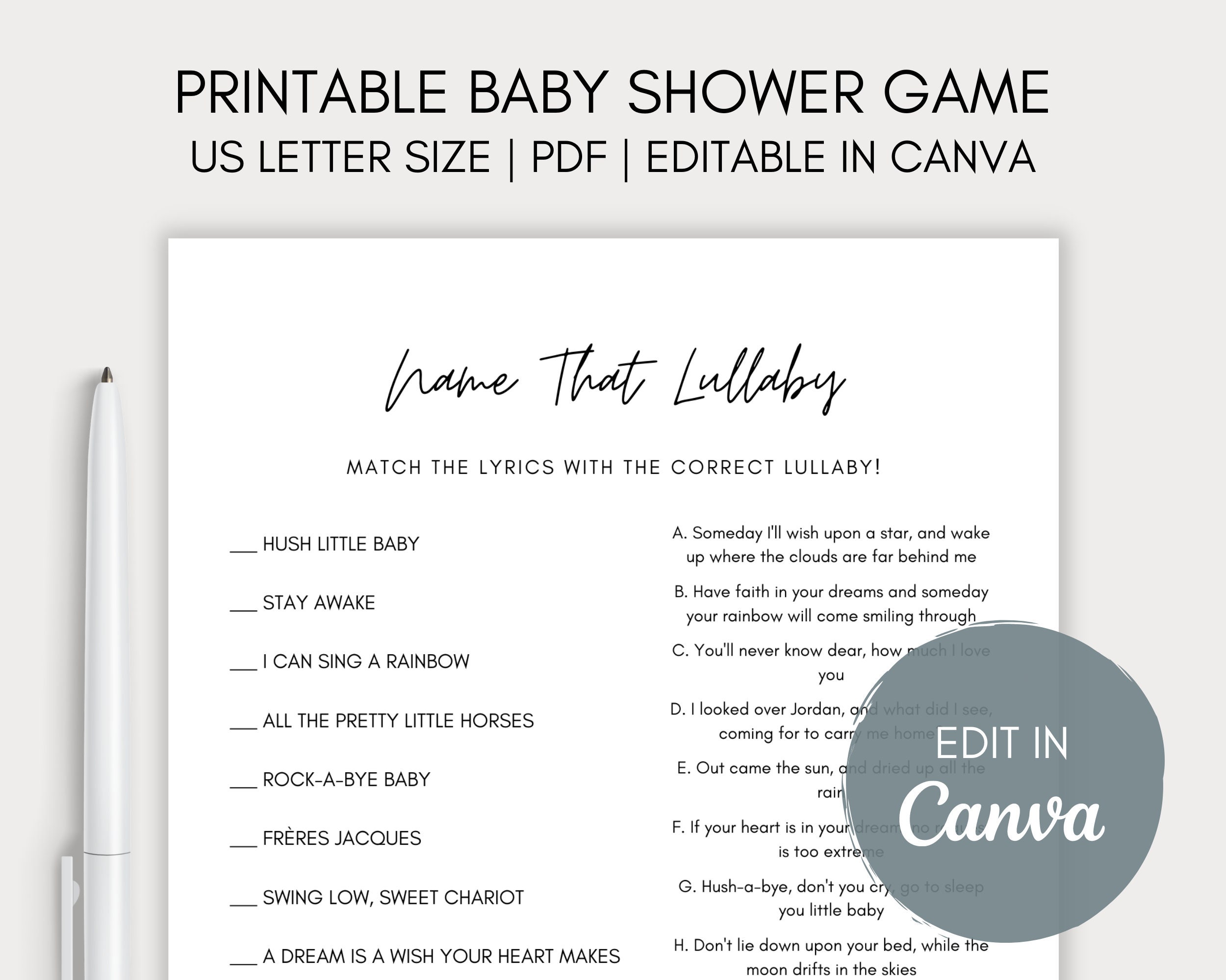 Name That Lullaby Baby Shower Game, Printable and Editable in Canva