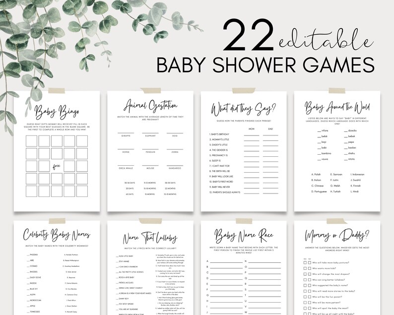 22 Editable Baby Shower Game Bundle, Minimalist Baby Shower Games